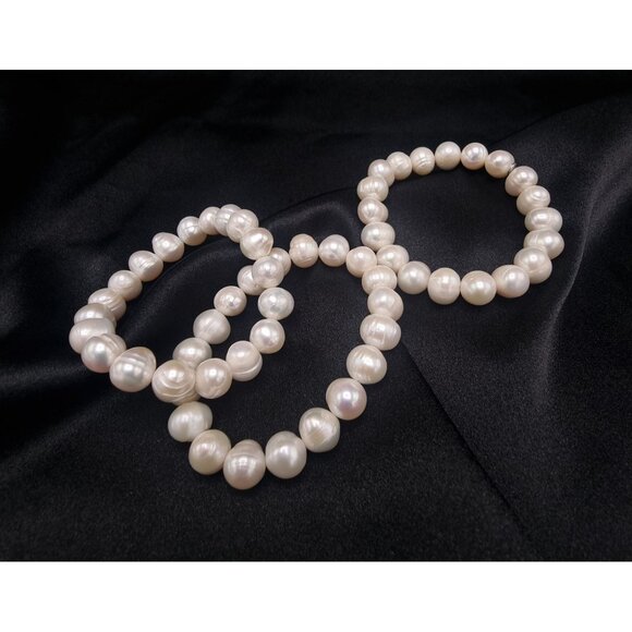 Freshwater Pearl Stretch Bracelets Set Of 3 Elegant White Beaded Jewelry For Wom - Picture 5 of 6